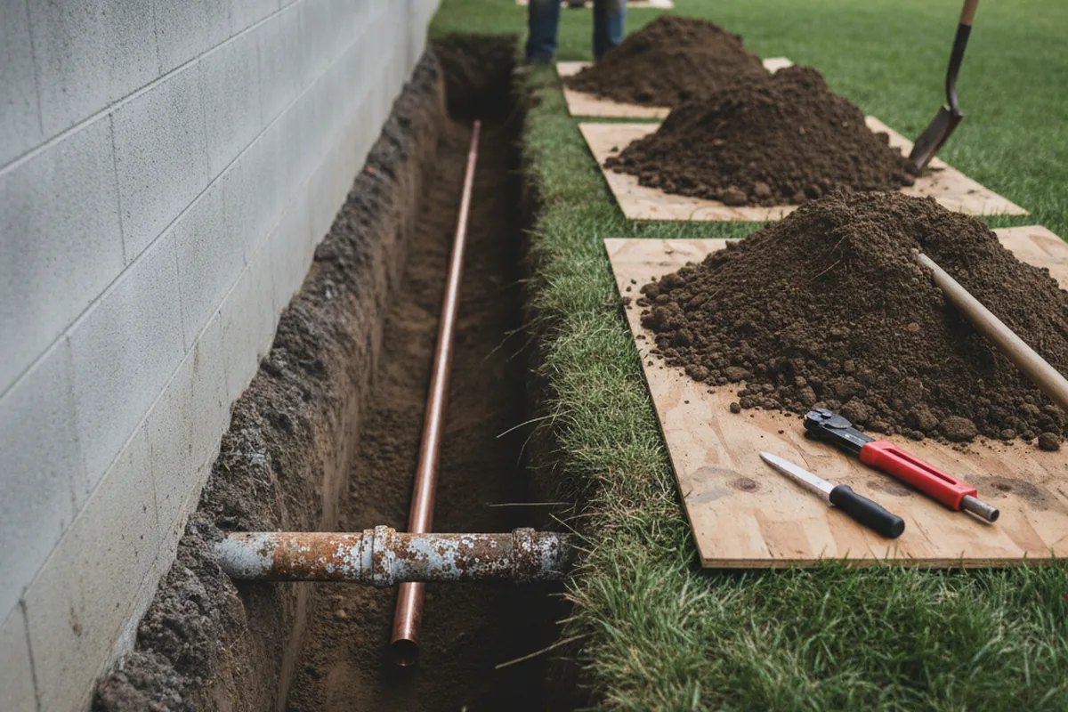 Excavated water line trench during Sewer Line Repair in Rome City